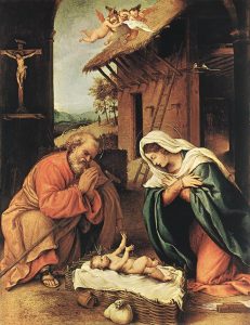 Lorenzo Lotto, "The Nativity": Jesus is born in a manger and a crucifix hangs on the wall.